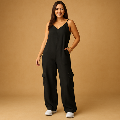 Valerie Women's Denim Jumpsuit with V-Neck and Open Back