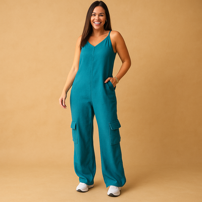 Valerie Women's Denim Jumpsuit with V-Neck and Open Back