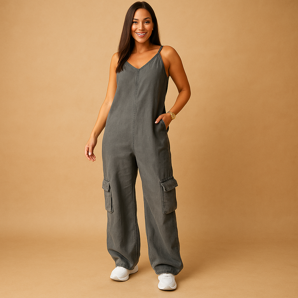 Valerie Women's Denim Jumpsuit with V-Neck and Open Back