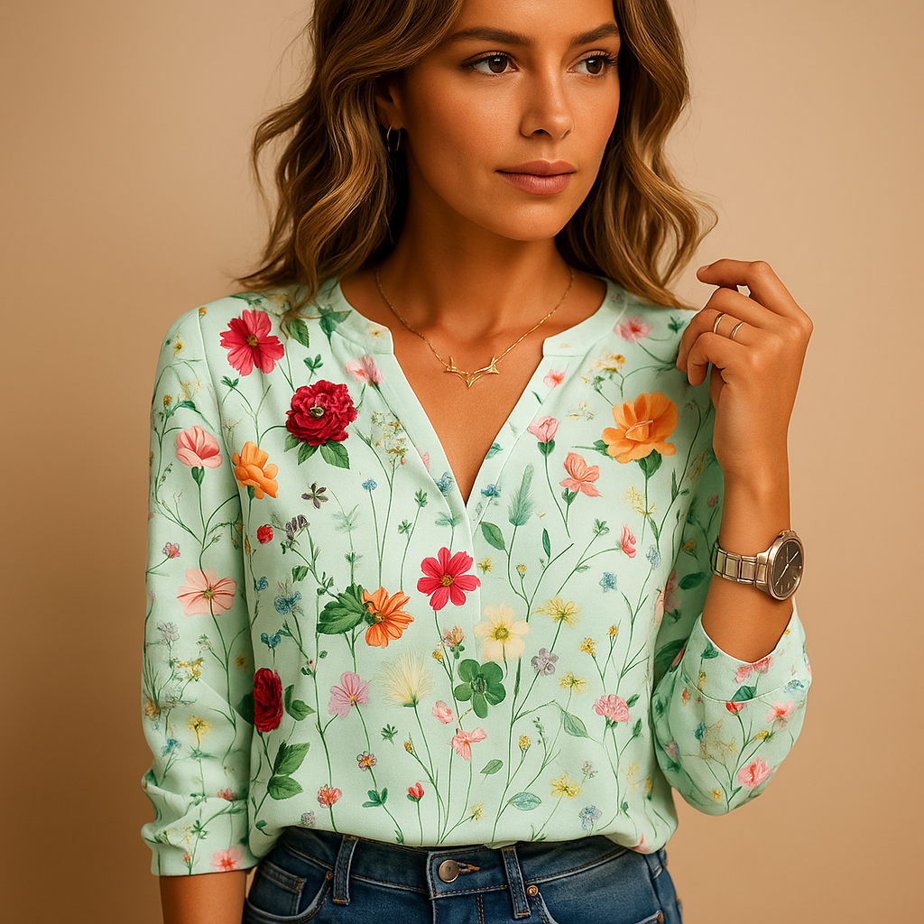 Women's V-Neck Floral Print Blouse with Long Sleeves | Tess