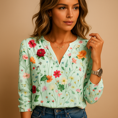 Women's V-Neck Floral Print Blouse with Long Sleeves | Tess