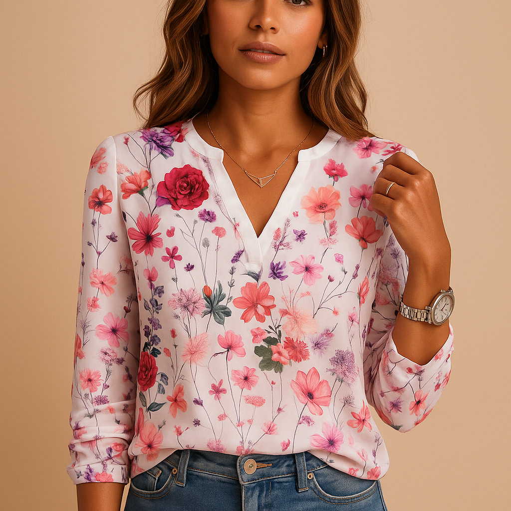 Women's V-Neck Long Sleeve Flower Print Blouse | Tess