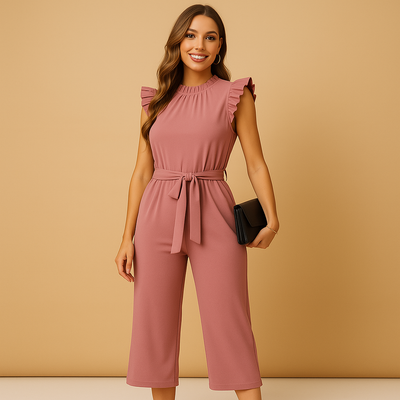 Yasmine Women's Elegant Jumpsuit with Belt and Cape Sleeves