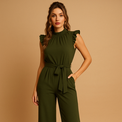 Yasmine Women's Elegant Jumpsuit with Belt and Cape Sleeves